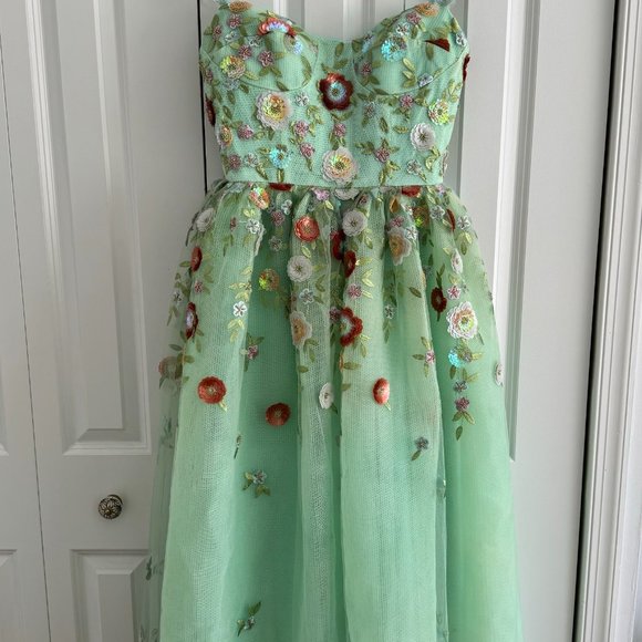 Mint Spaghetti Strap Evening Dress Flowers Appliques A-Line Tulle - Picture 2 of 9